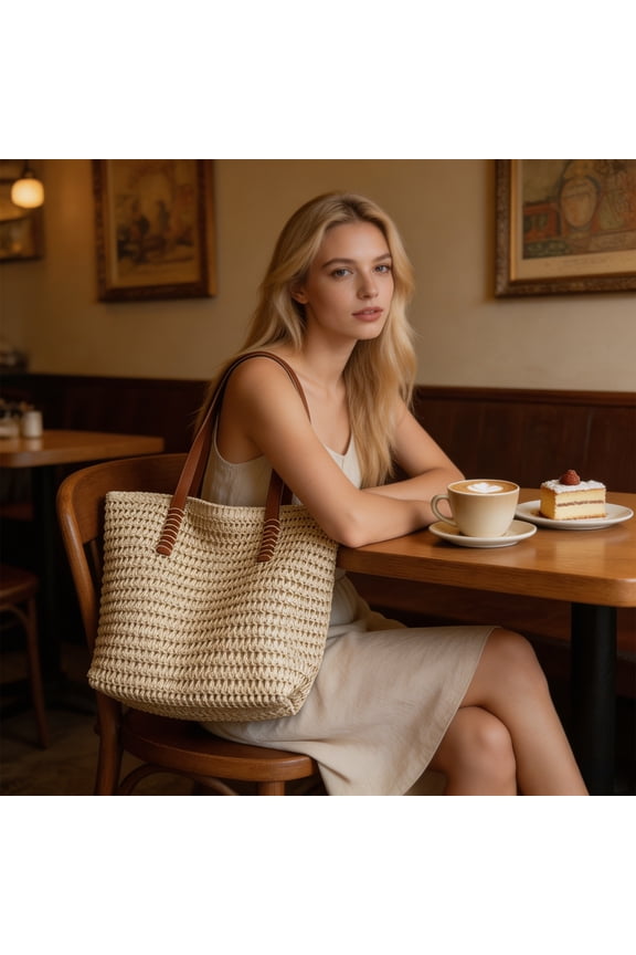Rope Woven Beach Bag, Large Capacity Casual Tote, Japanese Korean Style Solid Color, Women Handbag for Travel, Summer Beach Vacation Shoulder Bag