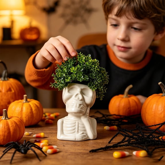 Eolstice Set of 4 White Ceramic Skull Bust Planters, Skeletal Figures Planters in Four Poses, Halloween Tabletop Decor for Home and Office, Fun Decor