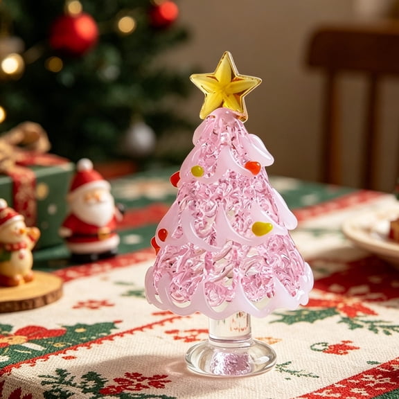 Eolstice Small Handmade Glass Xmas Tree Ornament, Mini Desktop Crystal Christmas Tree Figurine, Winter Holiday Decor for Table Shelf Office and Party Decoration