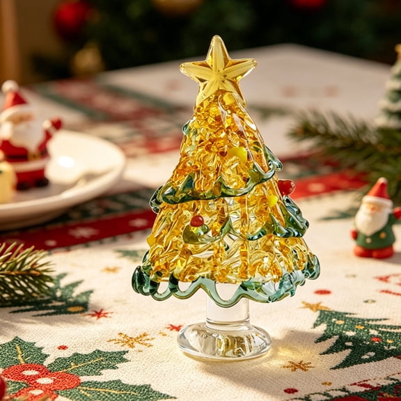 Eolstice Small Handmade Glass Xmas Tree Ornament, Mini Desktop Crystal Christmas Tree Figurine, Winter Holiday Decor for Table Shelf Office and Party Decoration