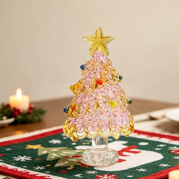 Eolstice Small Handmade Glass Xmas Tree Ornament, Mini Desktop Crystal Christmas Tree Figurine, Winter Holiday Decor for Table Shelf Office and Party Decoration,Pink