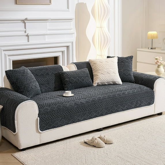 Eolstice Sofa Cover Washable, Non Slip Plush Sofa Slipcover, Thick Soft Cover for Three Seater Couch, Living Room Protection and Style Update(Black-L)