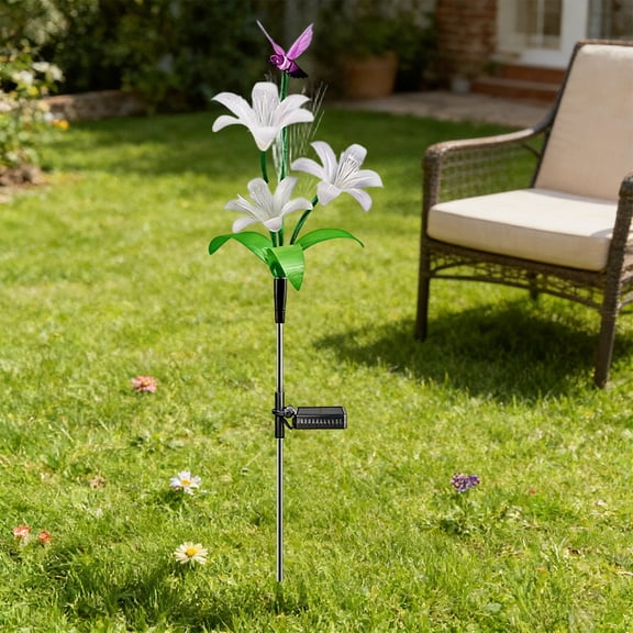 Eolstice Solar Garden Light, LED Fiber Optic Lily Hummingbird Lamp, Outdoor Decorative Illumination for Lawn Courtyard Pathway Landscape Lighting,White