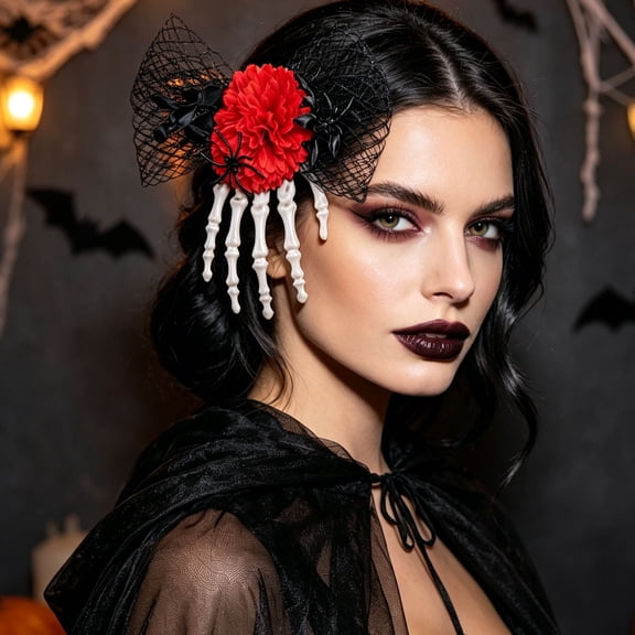 Eolstice Spooky Skull Hand Hair Barrette, Fabric Flower Mesh Bow Clip, Gothic Halloween Hair Accessory, Party Daily Goth Styling Hair Clips