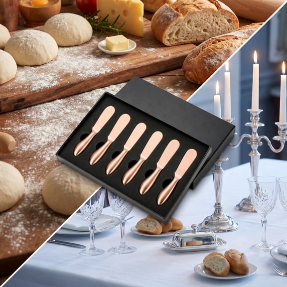 Eolstice Spreader Knife Set, 6 Piece Stainless Cheese Spatulas, Gold Titanium Coated, Curved Handle, Multipurpose Charcuterie Platter, Gift Box