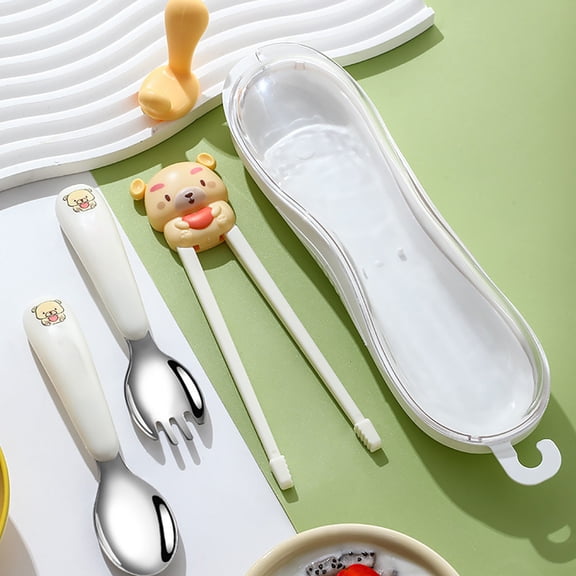 Eolstice Stainless Steel Children's Tableware Set, Child Food Utensils, Practice Chopsticks Spoon Fork, Toddler Feeding Learning Kit for Kids