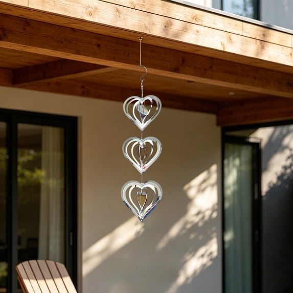 Eolstice Stainless Steel Wind Spinner, 3-Tier Heart Shaped Kinetic Art, Mirror Polished Silent Wind Sculpture, Hanging for Garden Patio Balcony Yard Decor