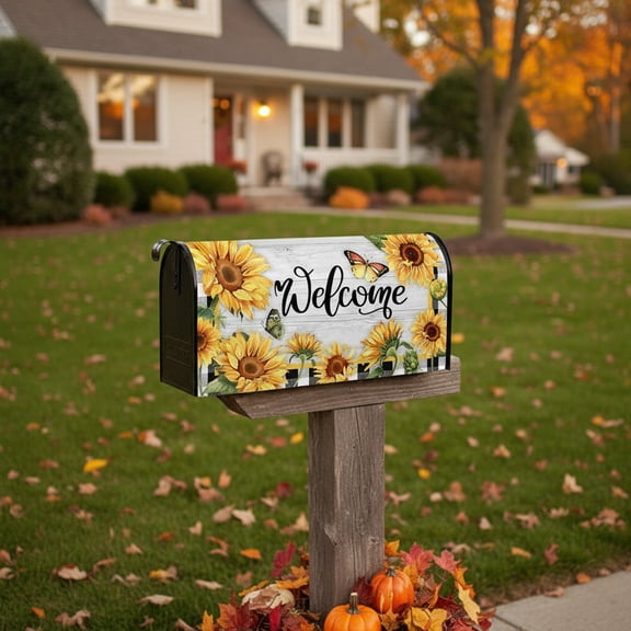 Eolstice Sunflower Themed Mailbox Cover with Magnetic Attachment, Floral Checkered Welcome Wrap for Post Letter Box, for Garden Yard Home Decor and Curb Appeal