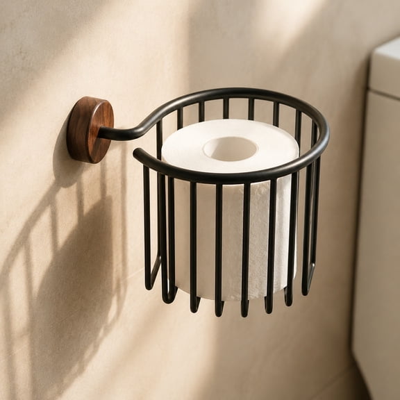 Eolstice Toilet Paper Holder, Walnut Wood No Drill Wall Mount Tissue Roll Dispenser, Natural Solid Wood Shelf, Bathroom Over Tank Storage Rack for Phone Wipes