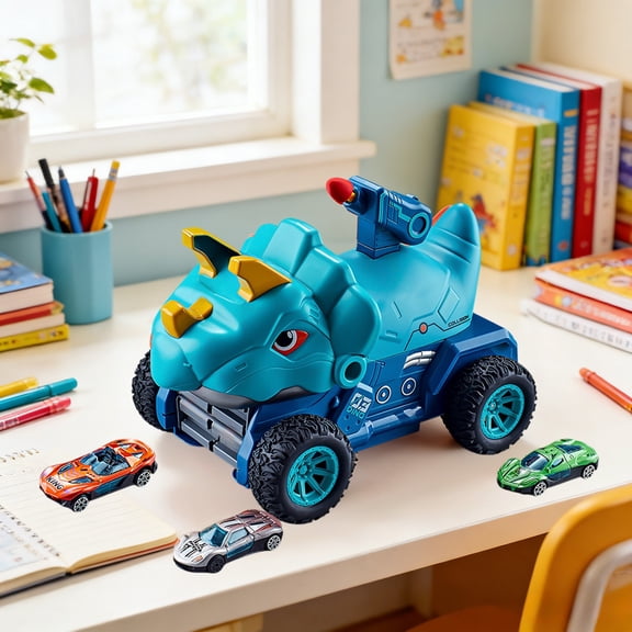 Eolstice Track Ejection Dinosaur Car, Boys Racing Car Toy, Childrens Toy Car Set With Track, Stunt Vehicle Gift, Sturdy Dump Truck Toy(Blue)