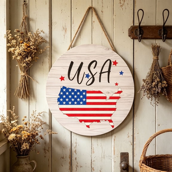 Eolstice USA Flag Map Wooden Round Sign, Patriotic Door Hanging Decor, Rustic Wall Art Ornament for 4th July Independence Day Home Decoration