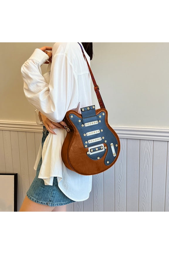 Unique Guitar Shape Backpack with Rhinestone Rivets, Gradient Color Strap Crossbody Bag, PU Leather Sling Bag for School Music Events and Daily Use