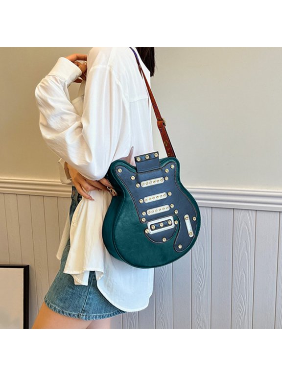 Unique Guitar Shape Backpack with Rhinestone Rivets, Gradient Color Strap Crossbody Bag, PU Leather Sling Bag for School Music Events and Daily Use