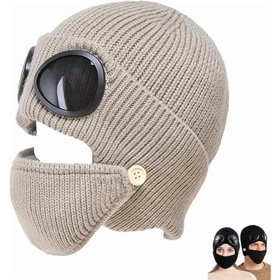 Eolstice Unisex Winter Ski Hat, Knitted Hat with Goggles, Detachable Mask Beanie, for Skiing, Snowboarding, Cold Weather, Outdoor Sports, Sturdy Warmth, Unisex Fit(Khaki)