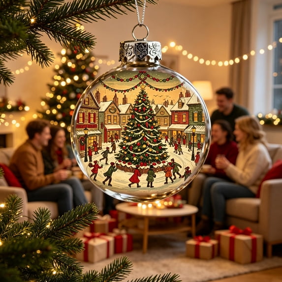 Eolstice Vintage Christmas Ball Ornament, Old Fashioned Xmas Scene Printed Round Bauble Hanging Decorative Ornament for Christmas Tree Decoration