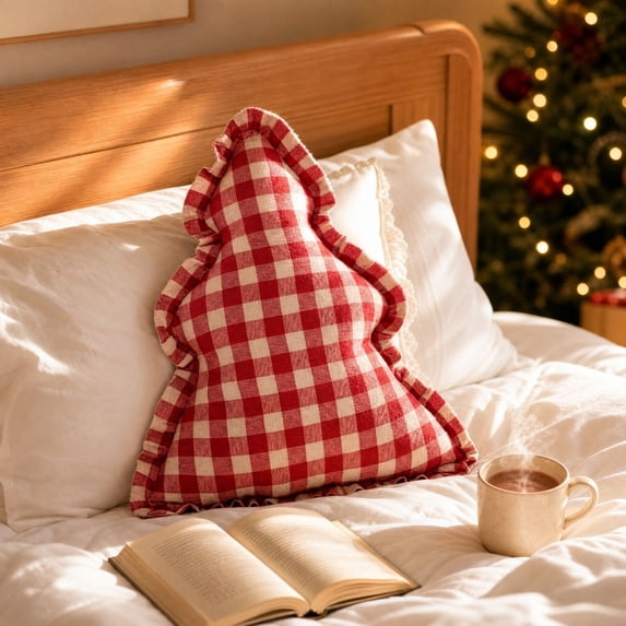 Eolstice Vintage Christmas Tree Shaped Throw Pillow, Ruffled Decorative Stuffed Cushion for Sofa Couch Bedroom Home Decoration