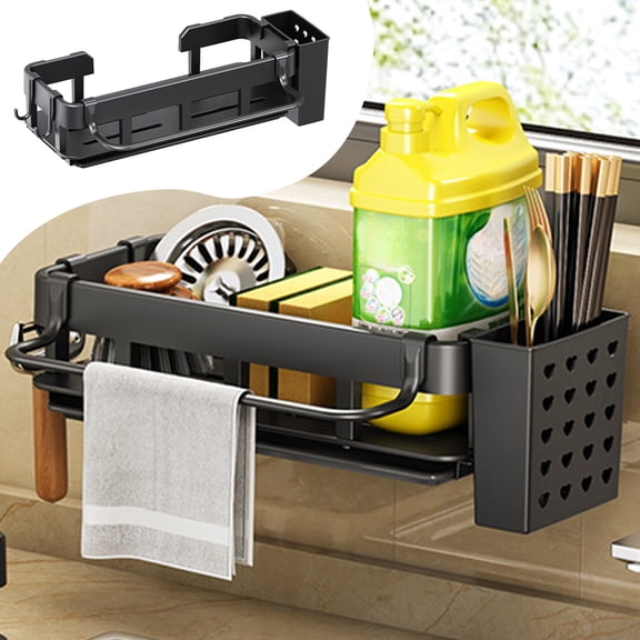 Eolstice Wall Mounted Spice Rack, Kitchen Storage Rack, No Drilling Rag Rack, Household Drains Basket, Water Trough Organizer, Space Saving,Black