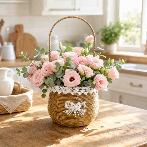Eolstice Wicker Woven Flower Basket with Handle, Boho Rustic Farmhouse Storage Basket, for Table Centerpieces Wedding Home Decor