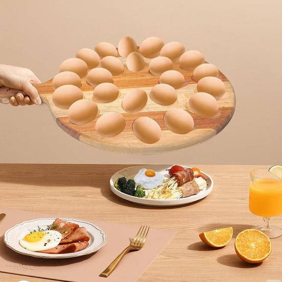 Eolstice Wood Deviled Egg Platter, 24 Holes Egg Tray Round Deviled Egg Carrier for Eggs, Charcuterie Board for Kitchen Countertops, Serving Platter, Appetizer Tray(B)