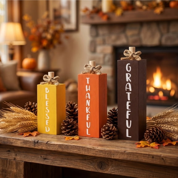 Eolstice Wooden Block Table Decor, 3 Pack Blessed Grateful, Fall Wood Cubes with Jute Bow, Tiered Tray Centerpiece for Rustic Thanksgiving Home Decor