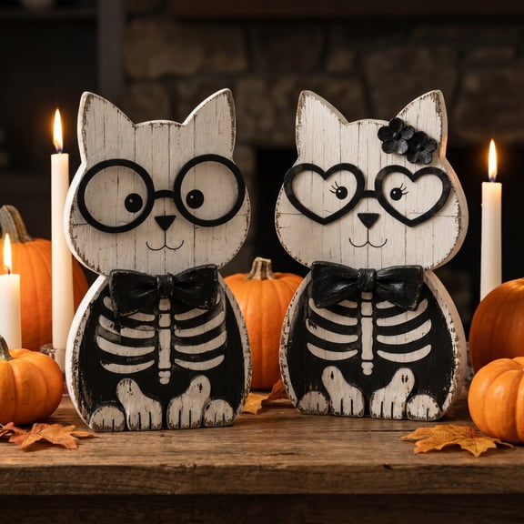 Eolstice Wooden Skeleton Tabletop Decor, Set of 2, Distressed Wood Figurines with Glasses, Fall Halloween Thanksgiving October Tiered Tray Accent Decor