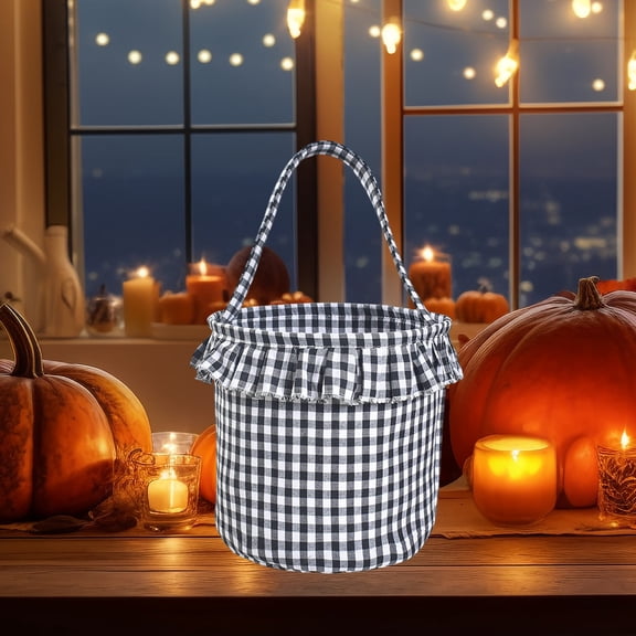 Eolstice Woven Plaid Tassel Storage Basket, Barrel Style Handled Decorative Bin, Halloween Autumn Scene Arrangement for Blankets Toys Home Organization