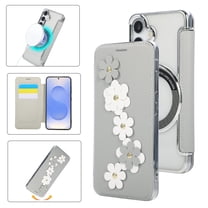 Eombossed Floral Flip Case for Samsung Galaxy S24, Case Wallet PU Leather with Card Holder RFID Blocking Compatible with MagSafe Protection Clear Back Shockproof Cover for Samsung Galaxy S24, White