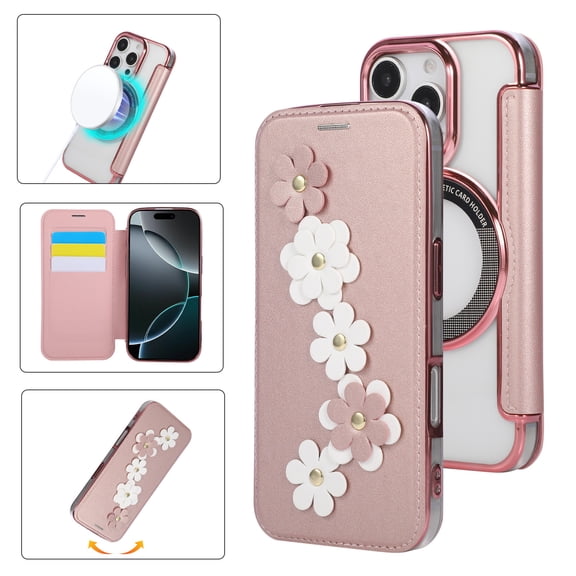 Eombossed Floral Flip Case for iPhone 12 Pro / 12,Case Wallet PU Leather with Card Holder RFID Blocking Compatible with MagSafe Protection Clear Back Shockproof Cover for iPhone 12 Pro / 12,Rosegold