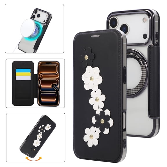Eombossed Floral Flip Case for iPhone 17 Pro, Case Wallet PU Leather with Card Holder RFID Blocking Compatible with MagSafe Protection Clear Back Shockproof Cover for iPhone 17 Pro, Black