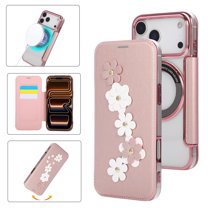Eombossed Floral Flip Case for iPhone 17 Pro Max, Case Wallet PU Leather with Card Holder RFID Blocking Compatible with MagSafe Protection Clear Back Shockproof Cover for iPhone 17 Pro Max, Rosegold
