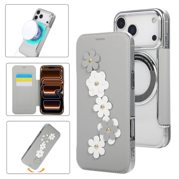 Eombossed Floral Flip Case for iPhone 17 Pro Max, Case Wallet PU Leather with Card Holder RFID Blocking Compatible with MagSafe Protection Clear Back Shockproof Cover for iPhone 17 Pro Max, White