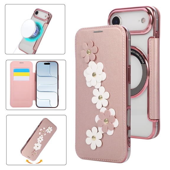 Eombossed Floral Flip Case for iPhone Air, Case Wallet PU Leather with Card Holder RFID Blocking Compatible with MagSafe Protection Clear Back Shockproof Cover for iPhone Air, Rosegold