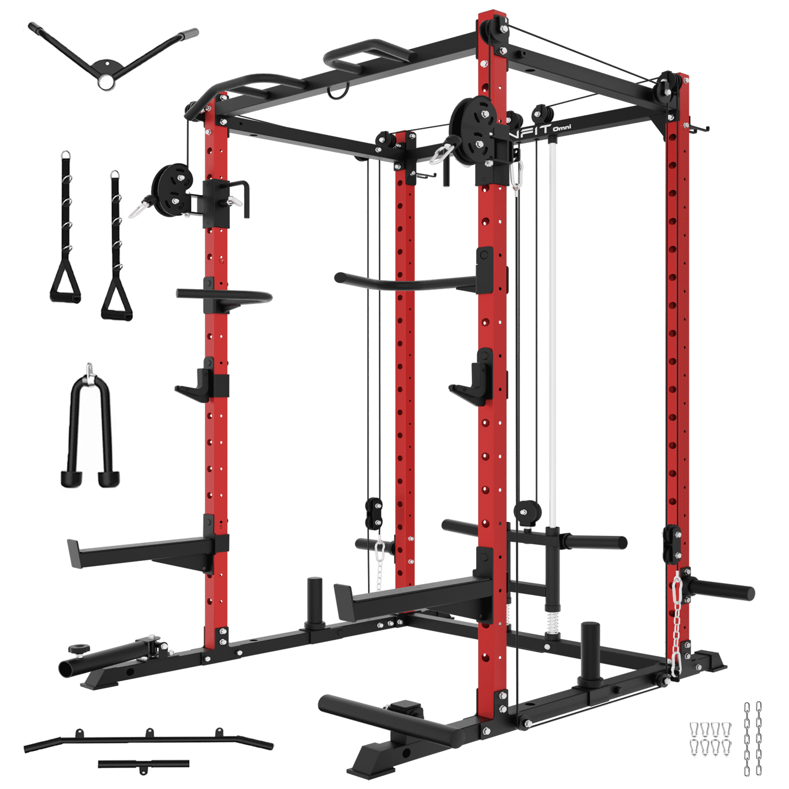 Eonfit E2 Power Cage，1500LB Squat Rack with Cable Crossover System.Multi-Function Power Rack for Home Gum.All-in-One Squat Rack with More Training Attachments(E2 RED))
