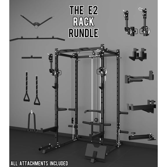 Eonfit E2 Power Cage with 3D Rotation Arms - Multi-Functional Power Rack for Home Gym. 1500lb Squat Rack for Home Gym. Pulley System for Cable Crossover & LAT Pulldown (E2 BLK PRO)