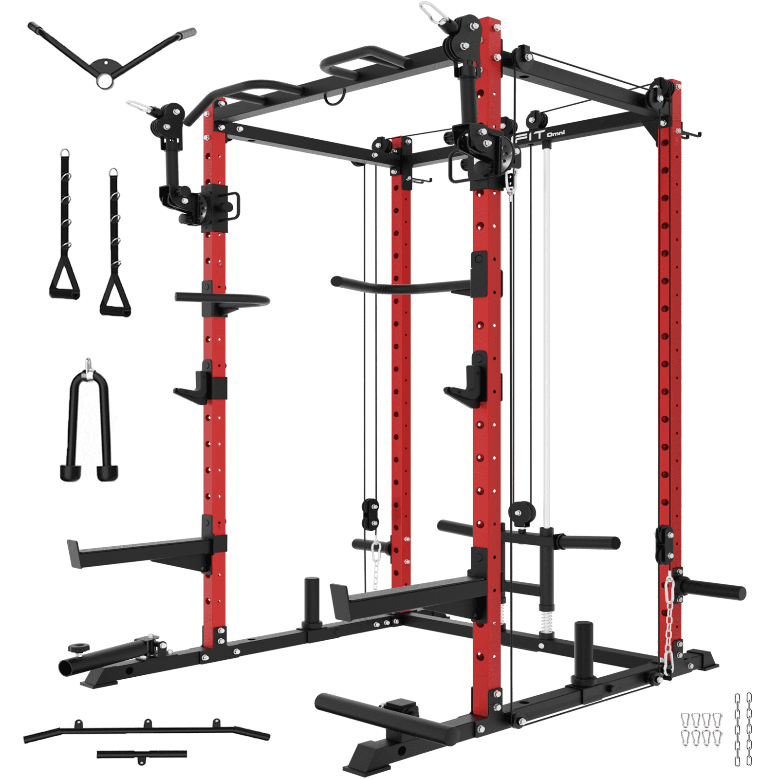 Eonfit E2 Power Cage with 3D Rotation Arms - Multi-Functional Power Rack for Home Gym. 1500lb Squat Rack for Home Gym. Pulley System for Cable Crossover & LAT Pulldown (E2 RED PRO)