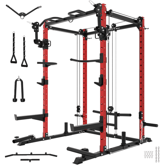 Eonfit E2 Power Cage with 3D Rotation Arms - Multi-Functional Power Rack for Home Gym. 1500lb Squat Rack for Home Gym. Pulley System for Cable Crossover & LAT Pulldown (E2 RED PRO)