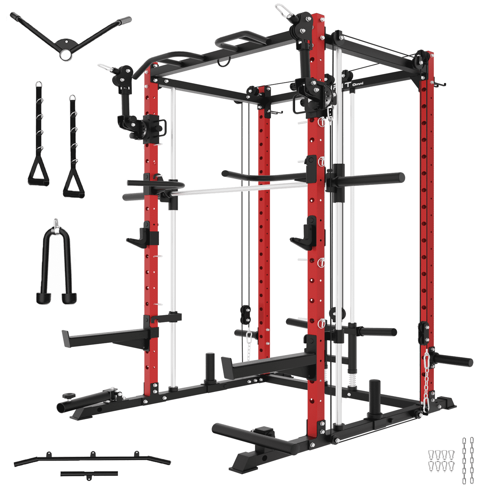 Eonfit E3 Smith Machine with 3D Rotating Arm for Home Gym Equipment, Multi-Function Power Cage Squat Rack with Cable Crossover LAT Pulldown Pulley System All in One (E3 RED PRO)