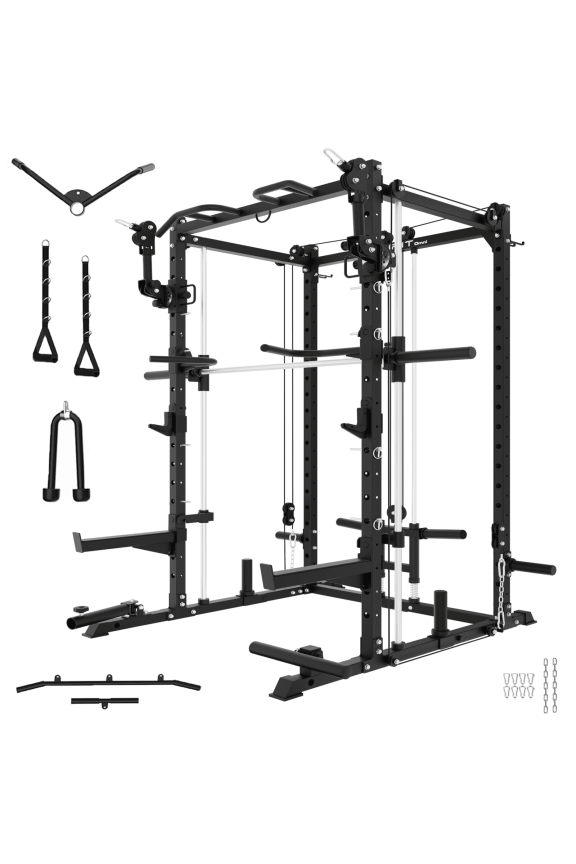 Eonfit E3 Smith Machine with 3D Rotating Arm for Home Gym Equipment, Multi-Function Power Cage Squat Rack with Cable Crossover LAT Pulldown Pulley System All in One (E3 BLK PRO)