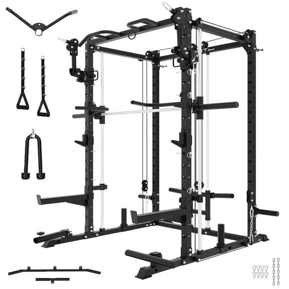 Eonfit E3 Smith Machine with 3D Rotating Arm for Home Gym Equipment, Multi-Function Power Cage Squat Rack with Cable Crossover LAT Pulldown Pulley System All in One (E3 BLK PRO)