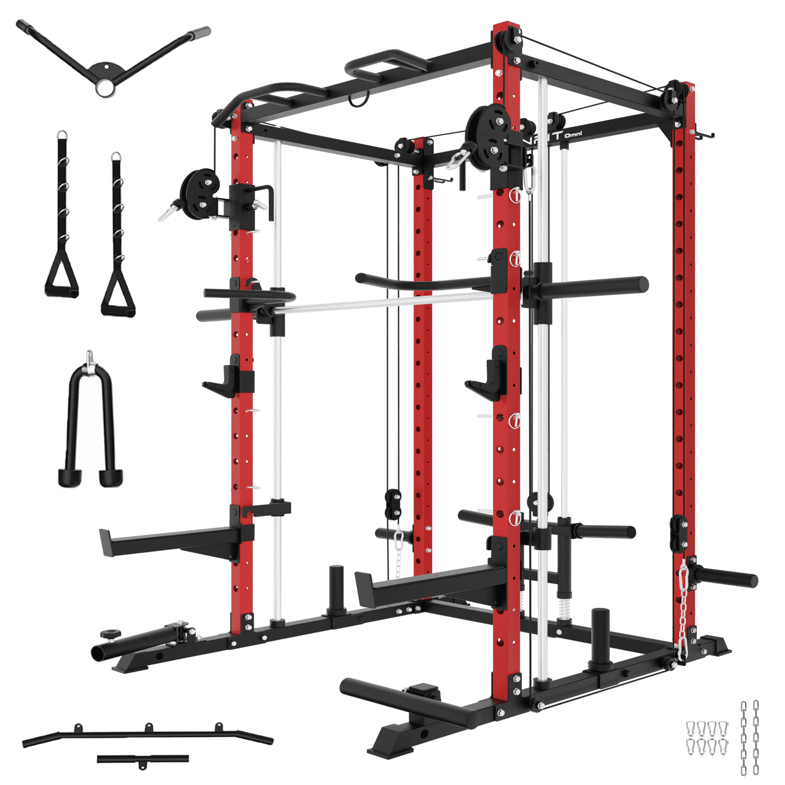 Eonfit E3 Smith Machine for Home Gym Equipment, Multi-Function Power Cage Squat Rack with Cable Crossover LAT Pulldown Pulley System All in One (E3 RED STD)
