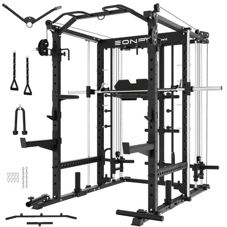 Eonfit E5 Smith Machine with Vertical Leg Press, Power Cage Squat Rack with LAT-Pull Down Cable Crossover Rotating Arms System Home Gym Equipment All in One (E5 BLK)