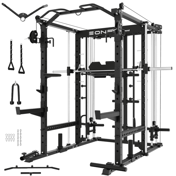 Eonfit E5 Smith Machine with Vertical Leg Press, Power Cage Squat Rack with LAT-Pull Down Cable Crossover Rotating Arms System Home Gym Equipment All in One (E5 BLK)
