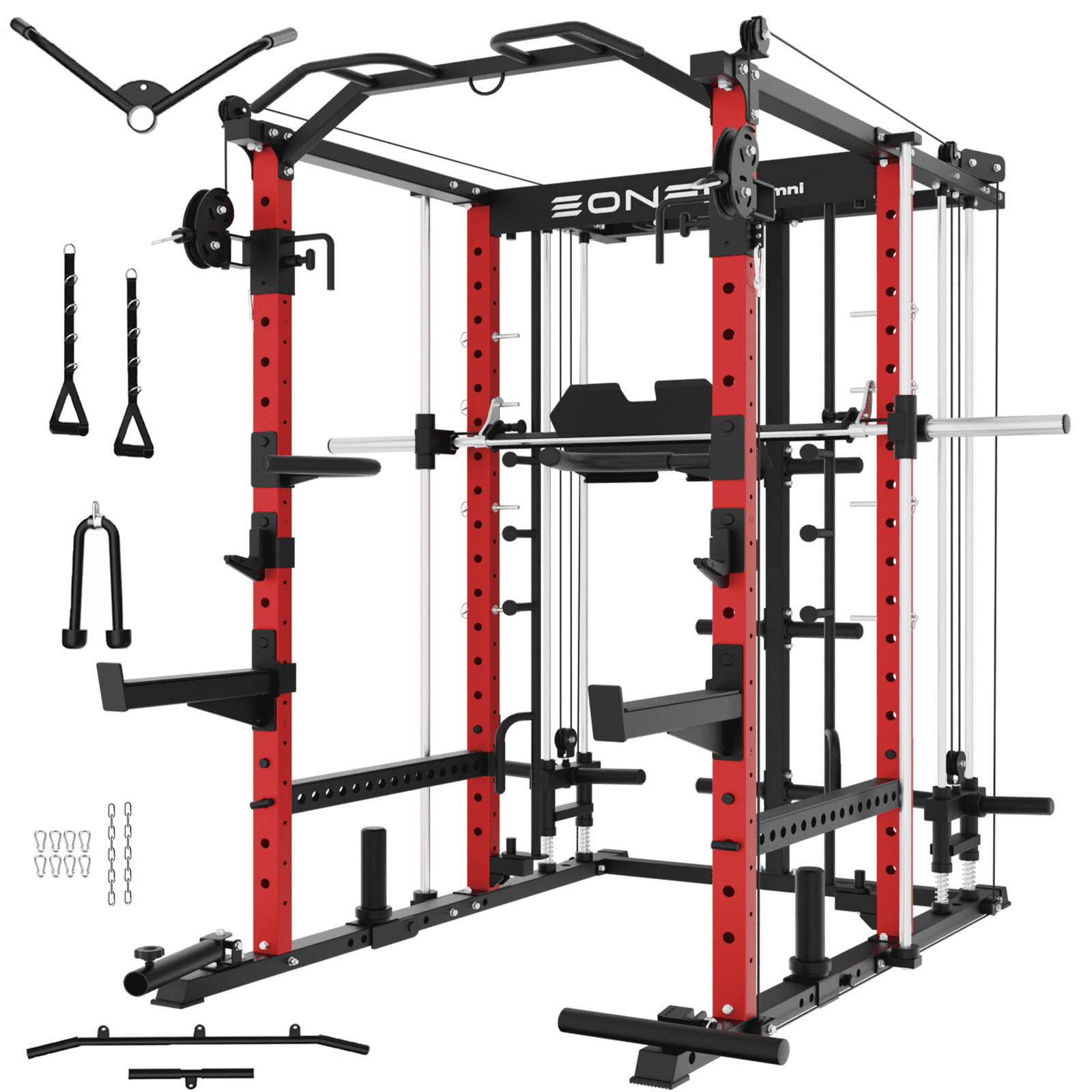 Eonfit E5 Smith Machine with Vertical Leg Press, Power Cage Squat Rack with LAT-Pull Down Cable Crossover Rotating Arms System Home Gym Equipment All in One (E5  RED）)