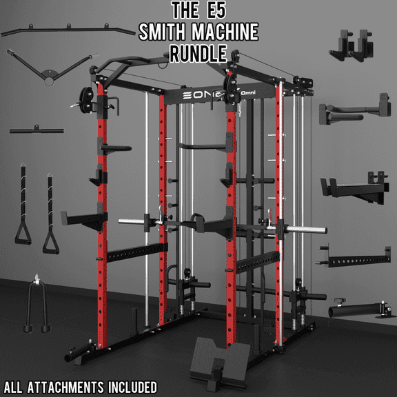 Eonfit E5 Smith Machine with Vertical Leg Press, Power Cage Squat Rack with LAT-Pull Down Cable Crossover Rotating Arms System Home Gym Equipment All in One (E5 RED))