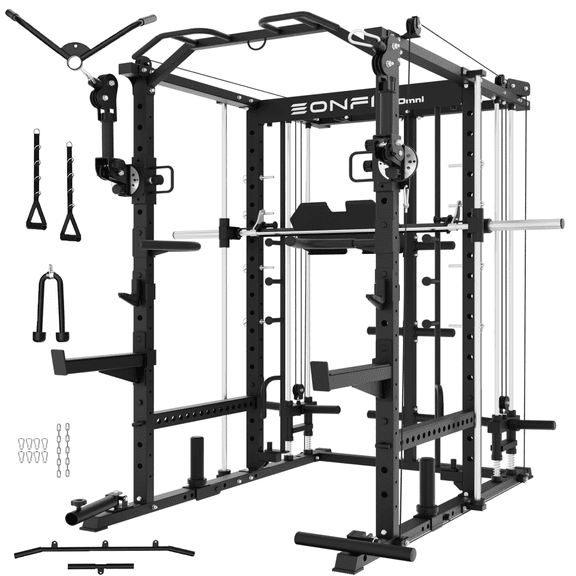 EonfitOmni Eonfit E5 Smith Machine with 3D Rotating Arms, Vertical Leg Press, Power Cage Squat Rack with LAT-Pull Down Cable Crossover Rotating Arms System Home Gym Equipment All in One (E5  BLK PRO)