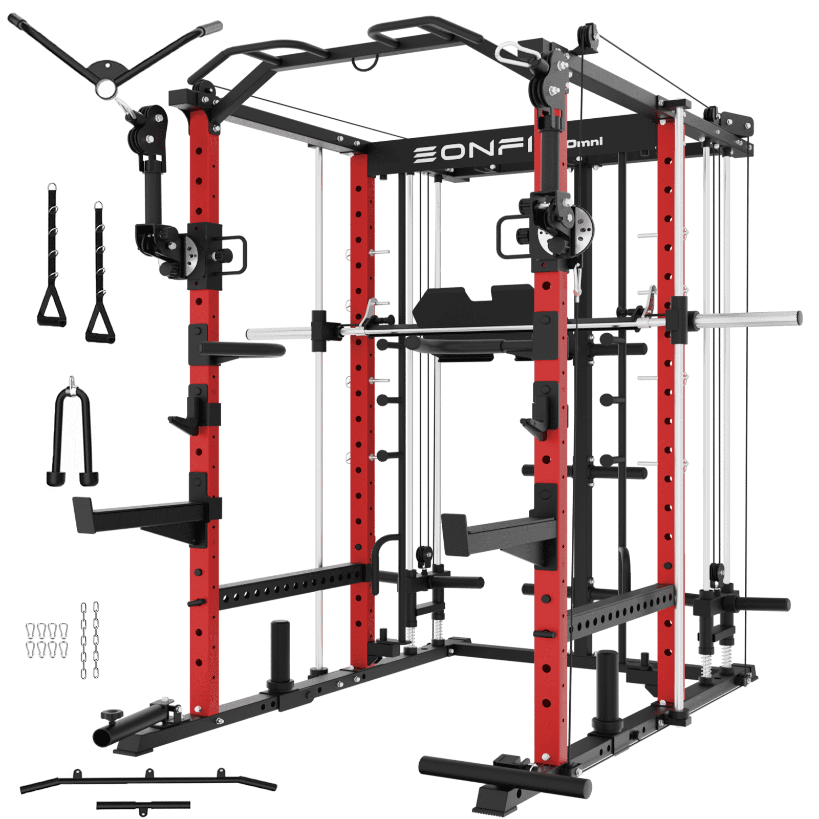 EonfitOmni Eonfit E5 Smith Machine with 3D Rotating Arms, Vertical Leg Press, Power Cage Squat Rack with LAT-Pull Down Cable Crossover Rotating Arms System Home Gym Equipment All in One (E5  RED PRO)