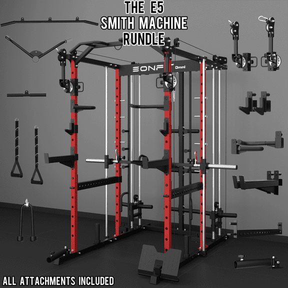 EonfitOmni Eonfit E5 Smith Machine with 3D Rotating Arms, Vertical Leg Press, Power Cage Squat Rack with LAT-Pull Down Cable Crossover Rotating Arms System Home Gym Equipment All in One (E5  RED PRO)