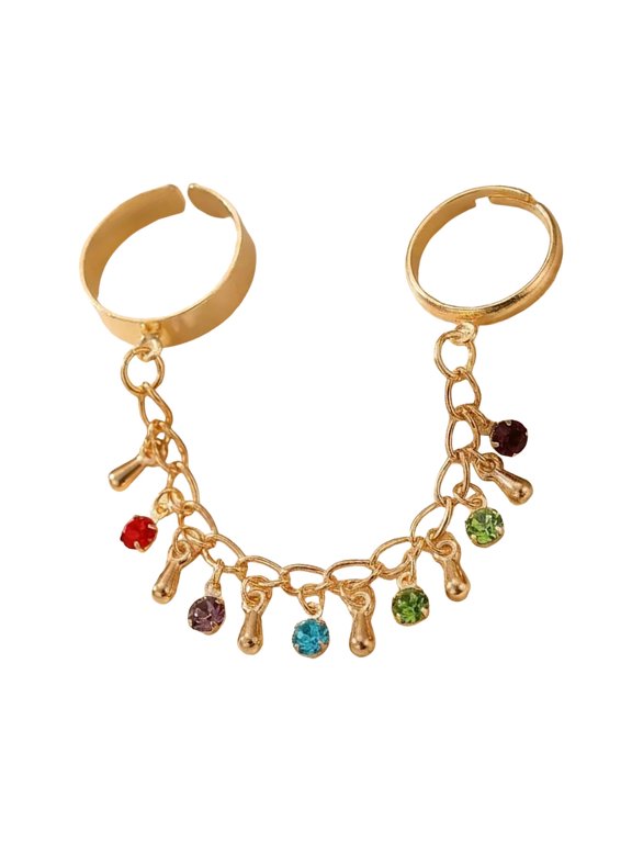 Double Finger Ring with Link Chain, Golden Plated Open Ring with Rhinestone Tassel, 2-Ring Hand Chain Jewelry for Women