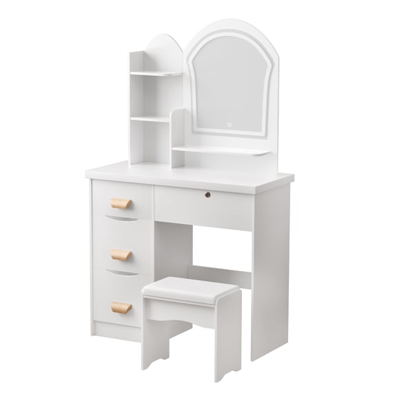 Eonox Makeup Vanity Desk with LED Lighted Mirror, Vanity Table with 4 Drawers & Open Shelves, Contemporary Dressing Table Set with Stool for Bedroom