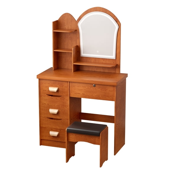 Eonox Makeup Vanity Desk with LED Lighted Mirror, Vanity Table with 4 Drawers & Open Shelves, Contemporary Dressing Table Set with Stool for Bedroom